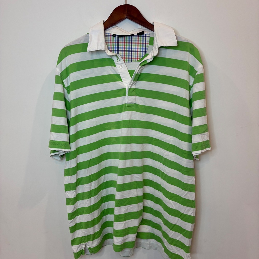 Bobby Jones Mens XL Pima Cotton Polo Shirt Green White Striped Golf Placket Logo